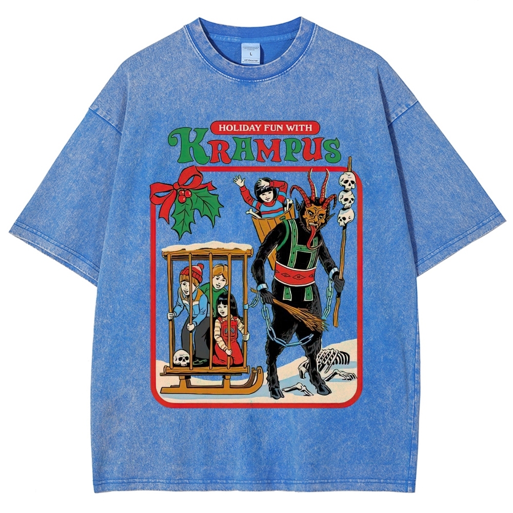 Retro "Holiday Fun With Krampus" Festive Horror Graphic Washed T-Shirt