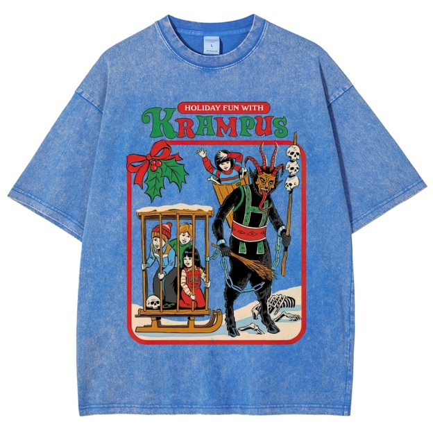 Retro "Holiday Fun With Krampus" Festive Horror Graphic Washed T-Shirt