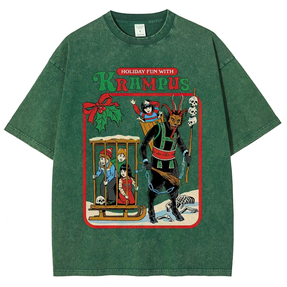 Retro "Holiday Fun With Krampus" Festive Horror Graphic Washed T-Shirt
