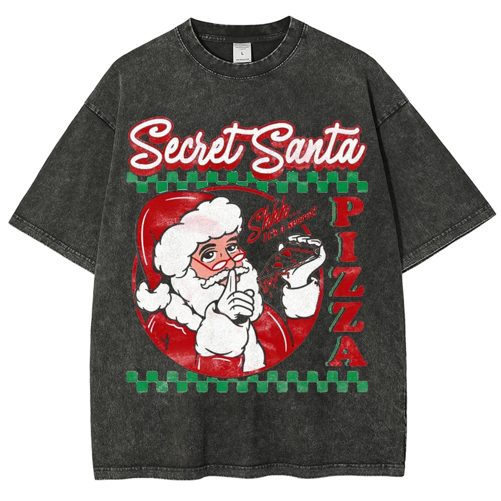 Retro "Secret Santa Pizza" Festive Casual Graphic Washed T-Shirt