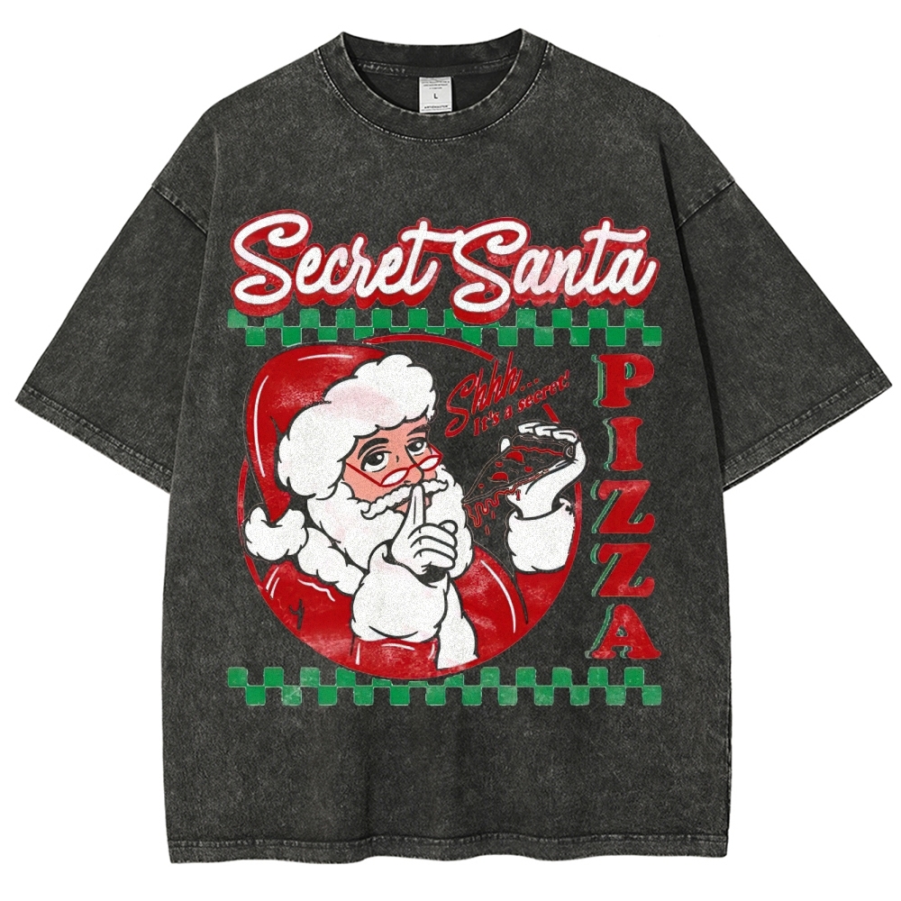 Retro "Secret Santa Pizza" Festive Casual Graphic Washed T-Shirt