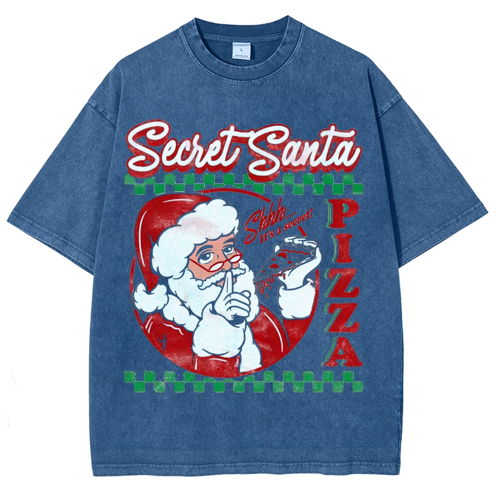 Retro "Secret Santa Pizza" Festive Casual Graphic Washed T-Shirt