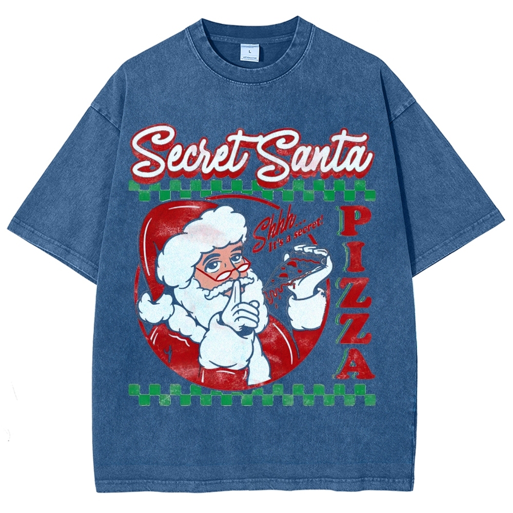 Retro "Secret Santa Pizza" Festive Casual Graphic Washed T-Shirt