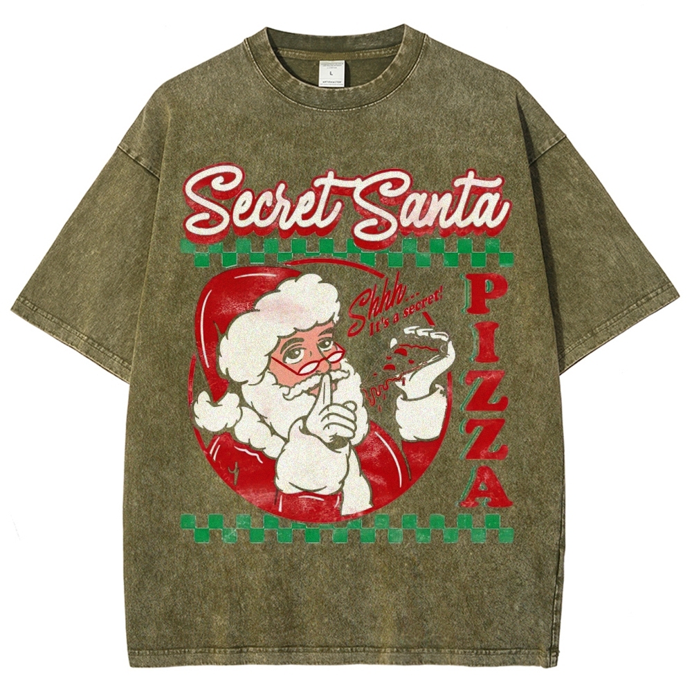 Retro "Secret Santa Pizza" Festive Casual Graphic Washed T-Shirt
