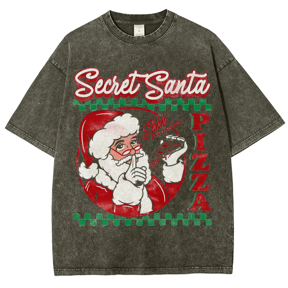 Retro "Secret Santa Pizza" Festive Casual Graphic Washed T-Shirt