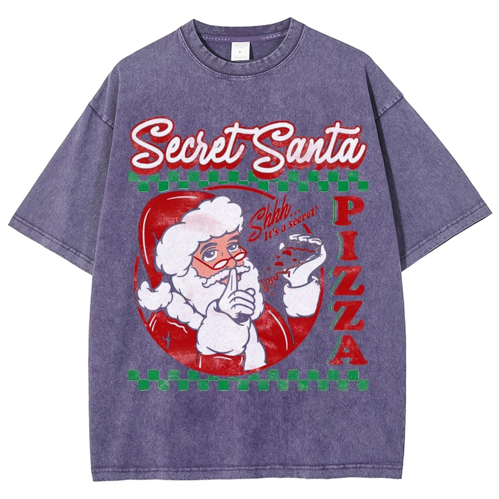 Retro "Secret Santa Pizza" Festive Casual Graphic Washed T-Shirt