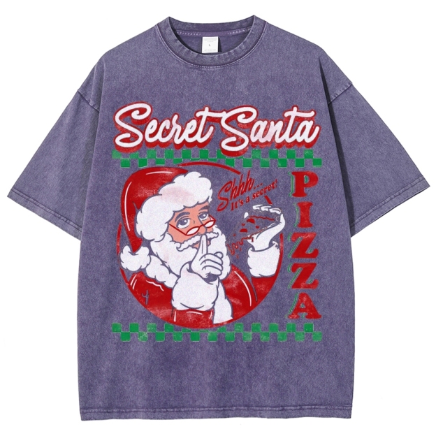 Retro "Secret Santa Pizza" Festive Casual Graphic Washed T-Shirt