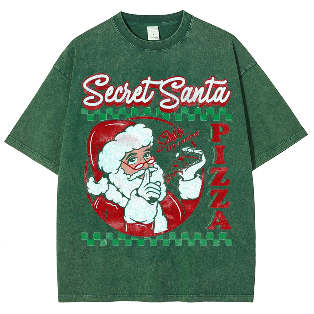 Retro "Secret Santa Pizza" Festive Casual Graphic Washed T-Shirt