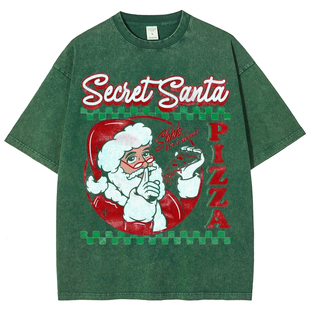 Retro "Secret Santa Pizza" Festive Casual Graphic Washed T-Shirt