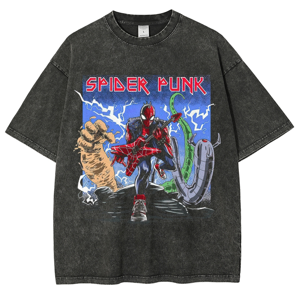 Retro "Spider Punk" Punk-Rock Hero Graphic Washed T-Shirt