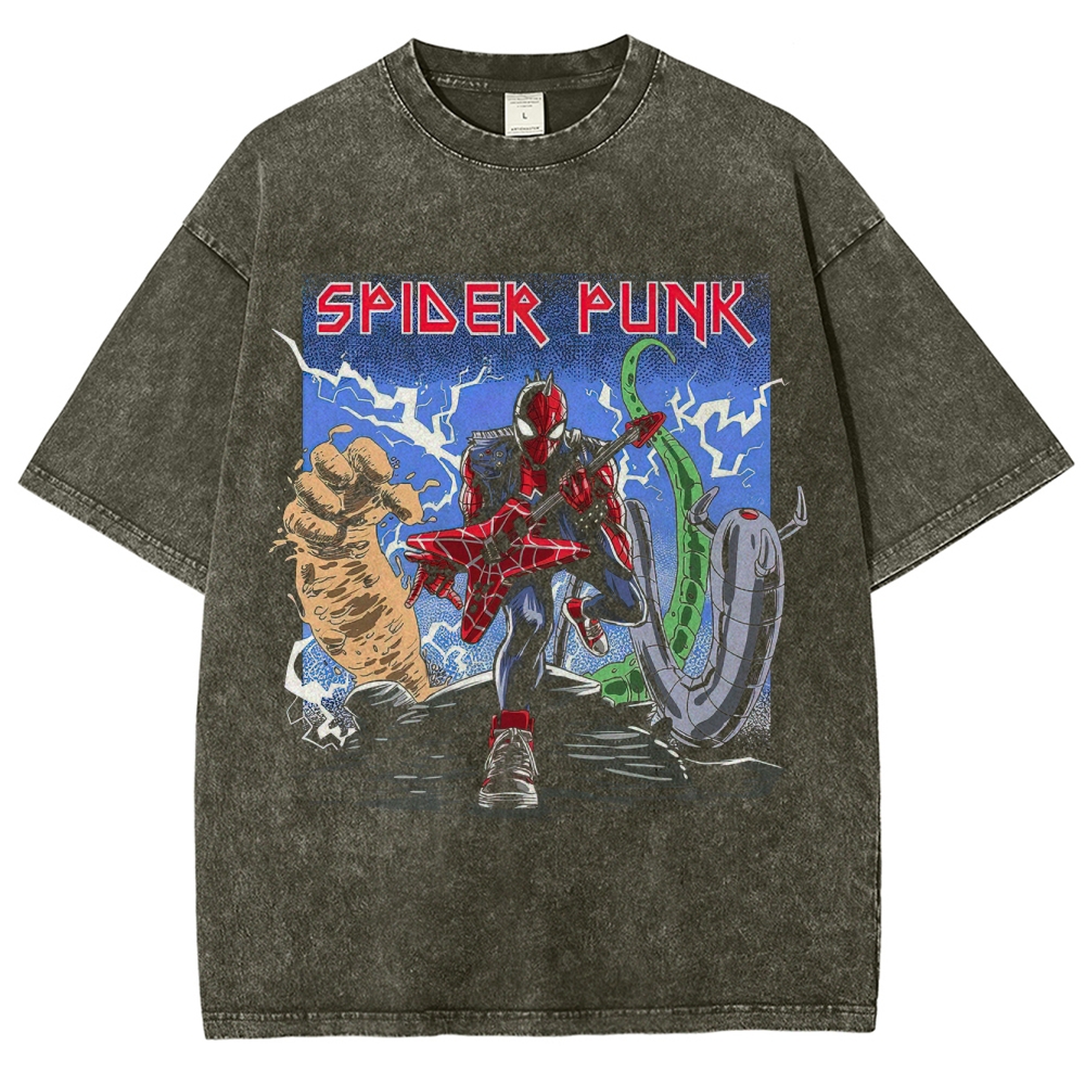 Retro "Spider Punk" Punk-Rock Hero Graphic Washed T-Shirt