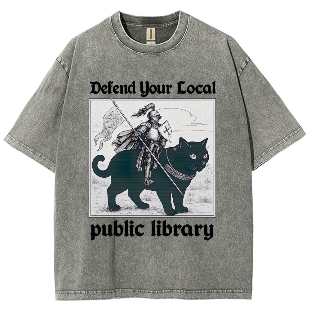 Retro "Defend Your Local Public Library" Knight & Cat Graphic Washed T-Shirt