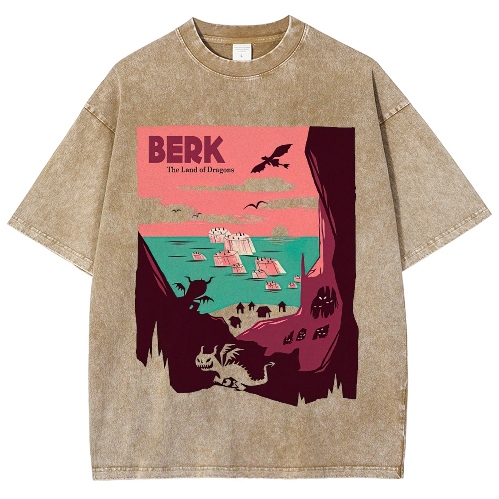 Retro "Berk: The Land of Dragons" Coastal Dragon Land Graphic Washed T-Shirt