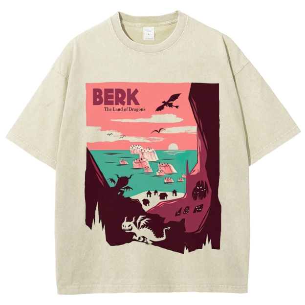 Retro "Berk: The Land of Dragons" Coastal Dragon Land Graphic Washed T-Shirt