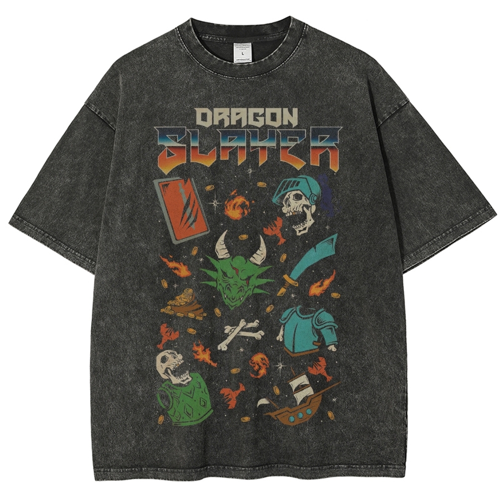 Retro "Dragon Slayer" Fantasy Collage Graphic Washed T-Shirt