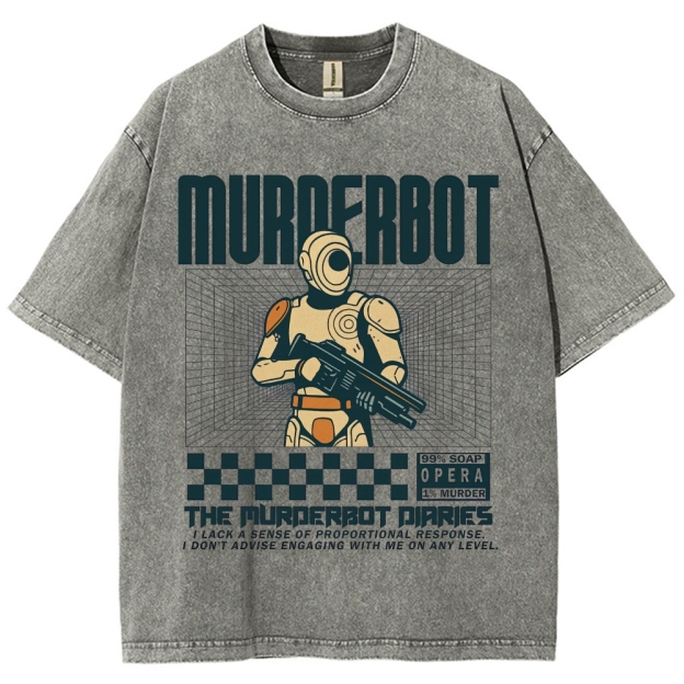 Retro "Murderbot" Sci-Fi Android Graphic Washed T-Shirt 