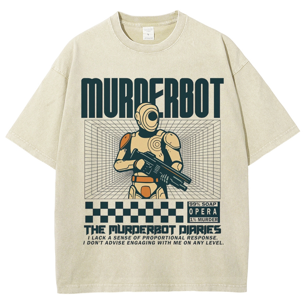 Retro "Murderbot" Sci-Fi Android Graphic Washed T-Shirt 