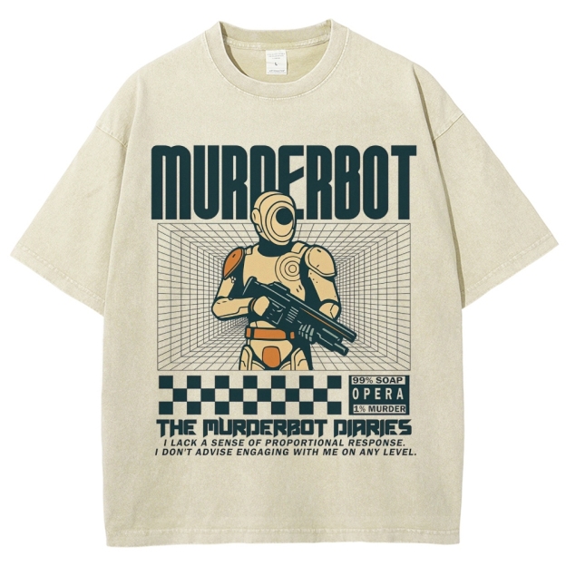 Retro "Murderbot" Sci-Fi Android Graphic Washed T-Shirt 