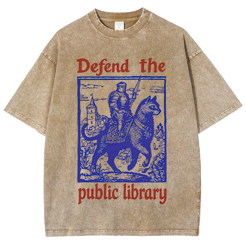 Retro "Defend the Public Library" Knight & Giant Cat Graphic Washed T-Shirt