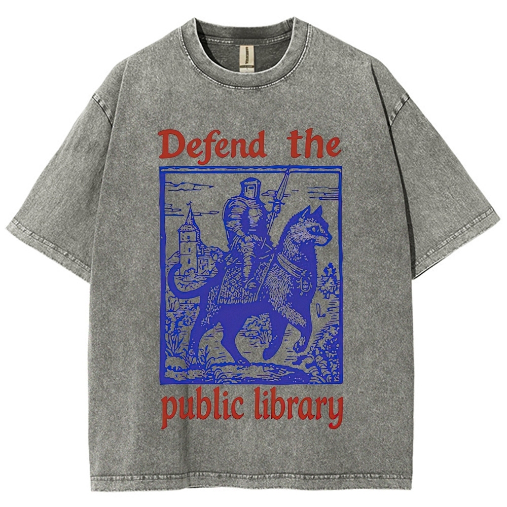 Retro "Defend the Public Library" Knight & Giant Cat Graphic Washed T-Shirt