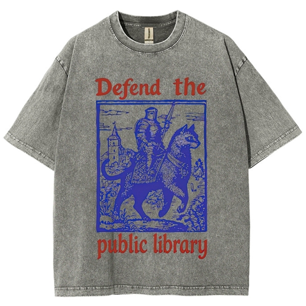 Retro "Defend the Public Library" Knight & Giant Cat Graphic Washed T-Shirt