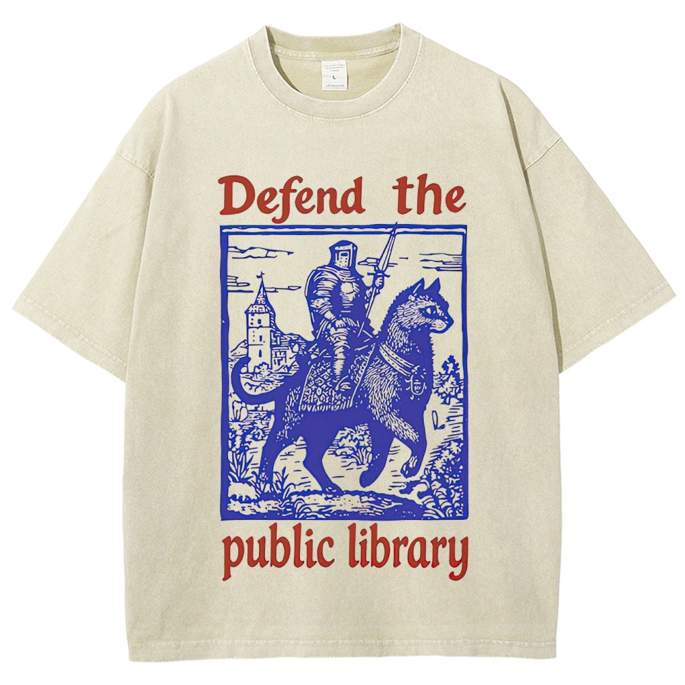 Retro "Defend the Public Library" Knight & Giant Cat Graphic Washed T-Shirt