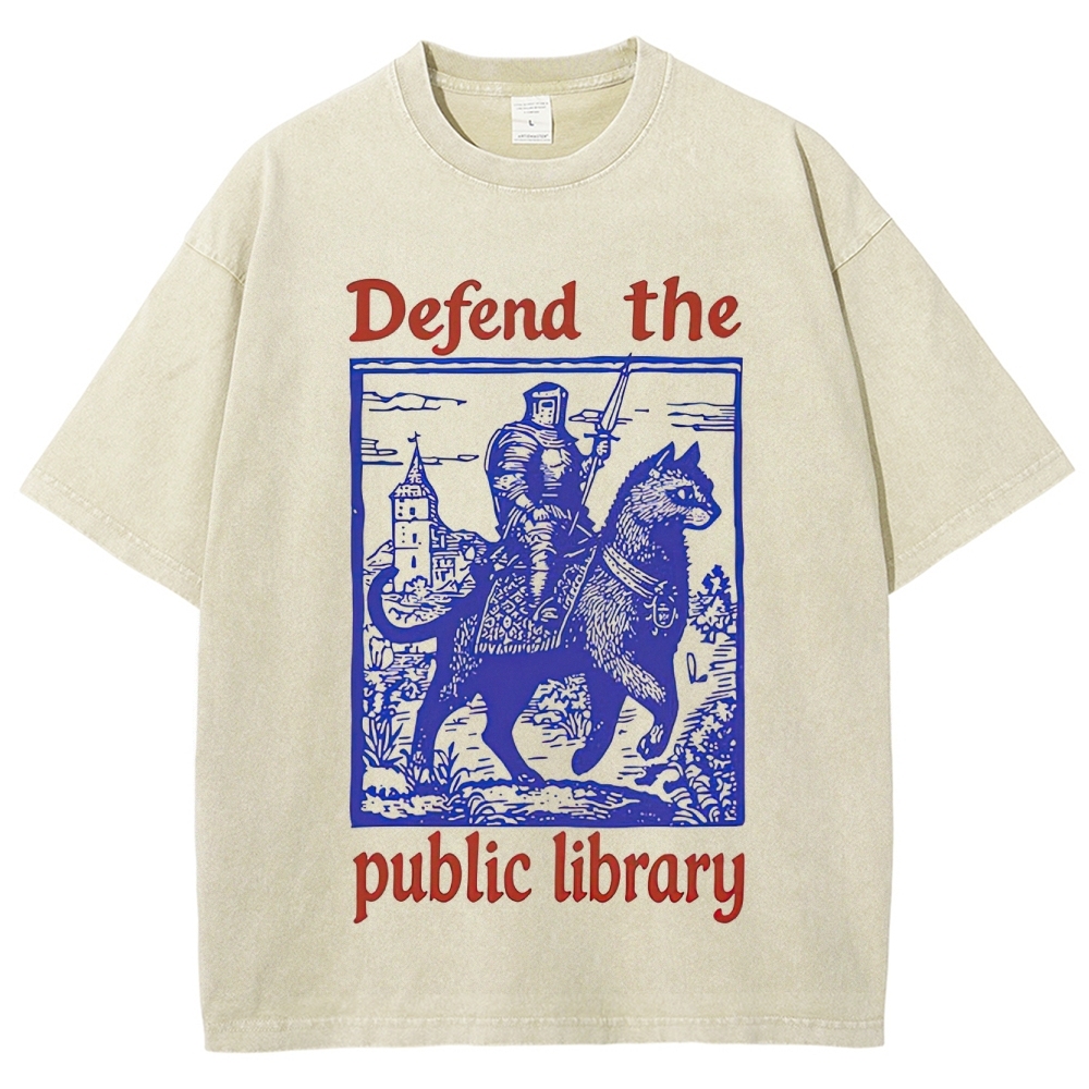 Retro "Defend the Public Library" Knight & Giant Cat Graphic Washed T-Shirt