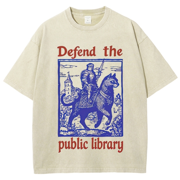 Retro "Defend the Public Library" Knight & Giant Cat Graphic Washed T-Shirt