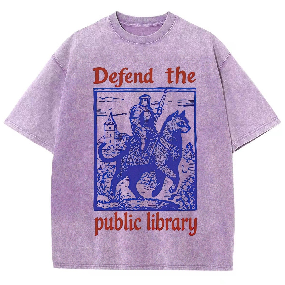 Retro "Defend the Public Library" Knight & Giant Cat Graphic Washed T-Shirt