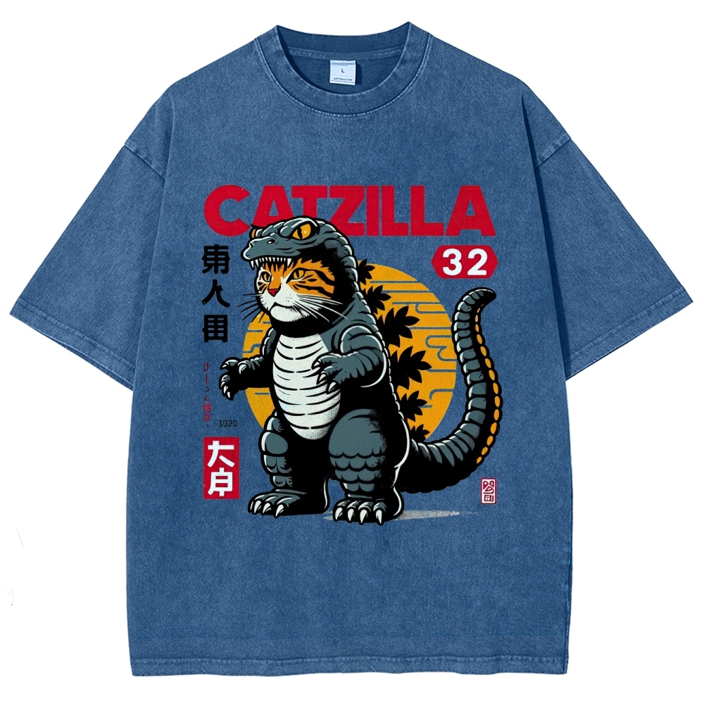 Retro "Catzilla" Kaiju-Cat Graphic Washed T-Shirt