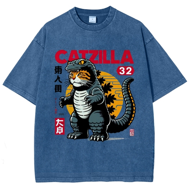 Retro "Catzilla" Kaiju-Cat Graphic Washed T-Shirt