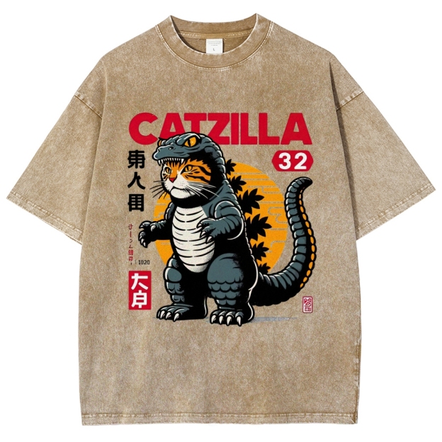 Retro "Catzilla" Kaiju-Cat Graphic Washed T-Shirt