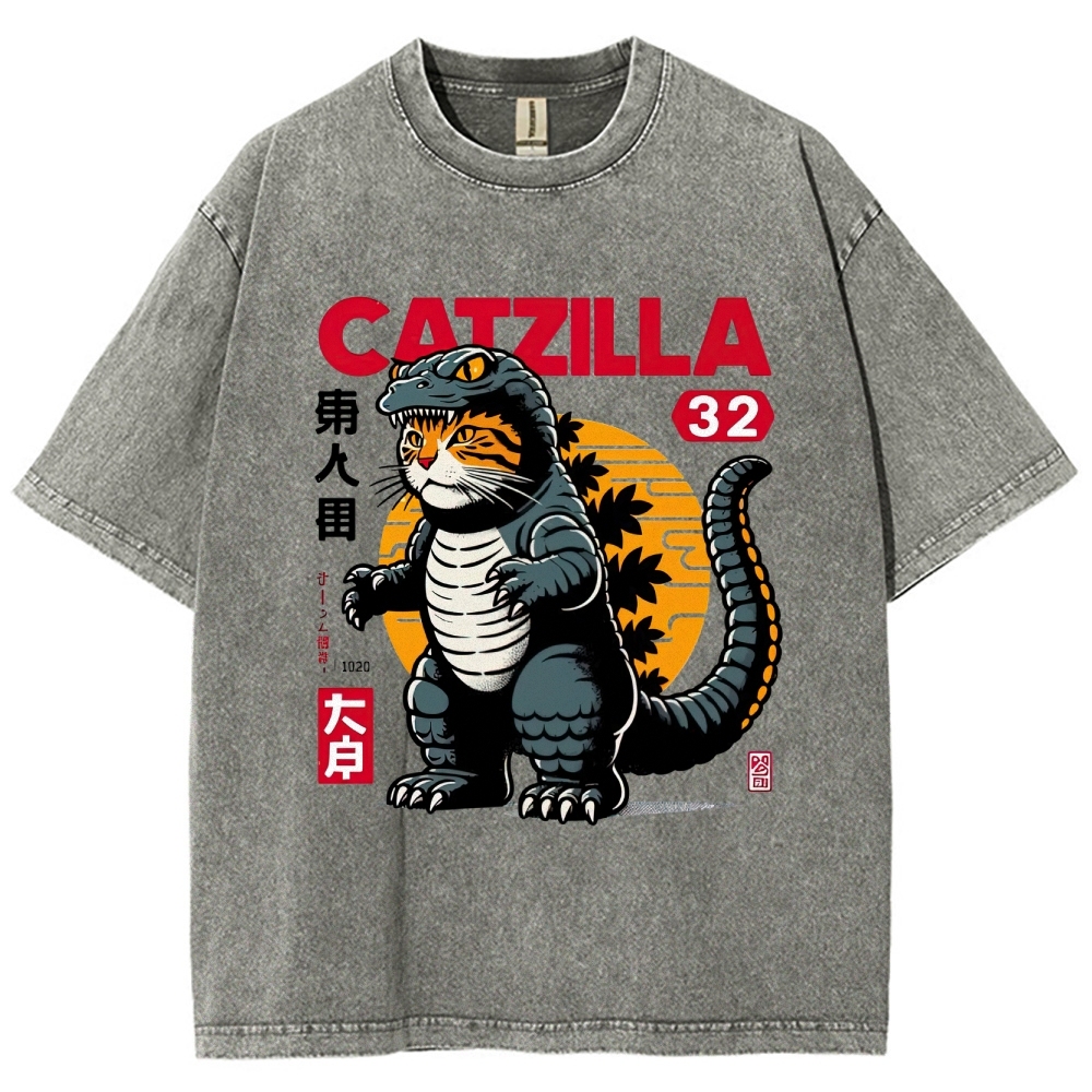 Retro "Catzilla" Kaiju-Cat Graphic Washed T-Shirt