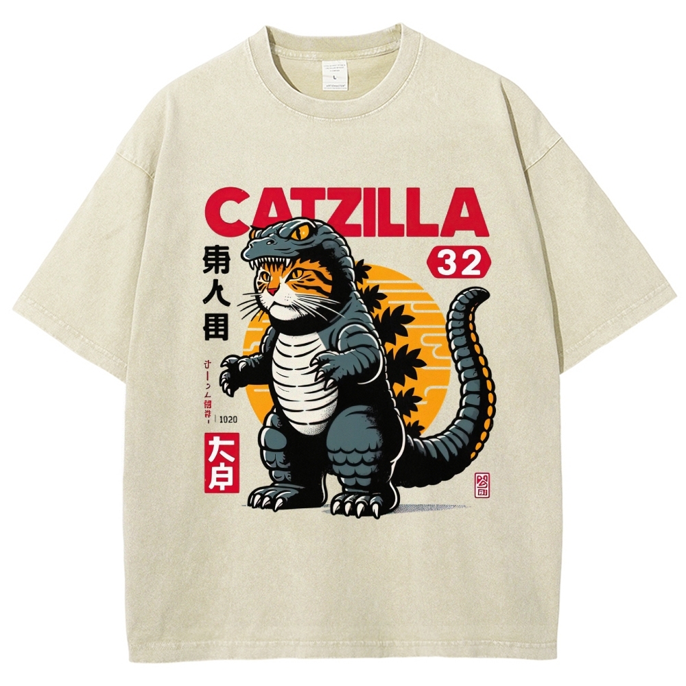 Retro "Catzilla" Kaiju-Cat Graphic Washed T-Shirt