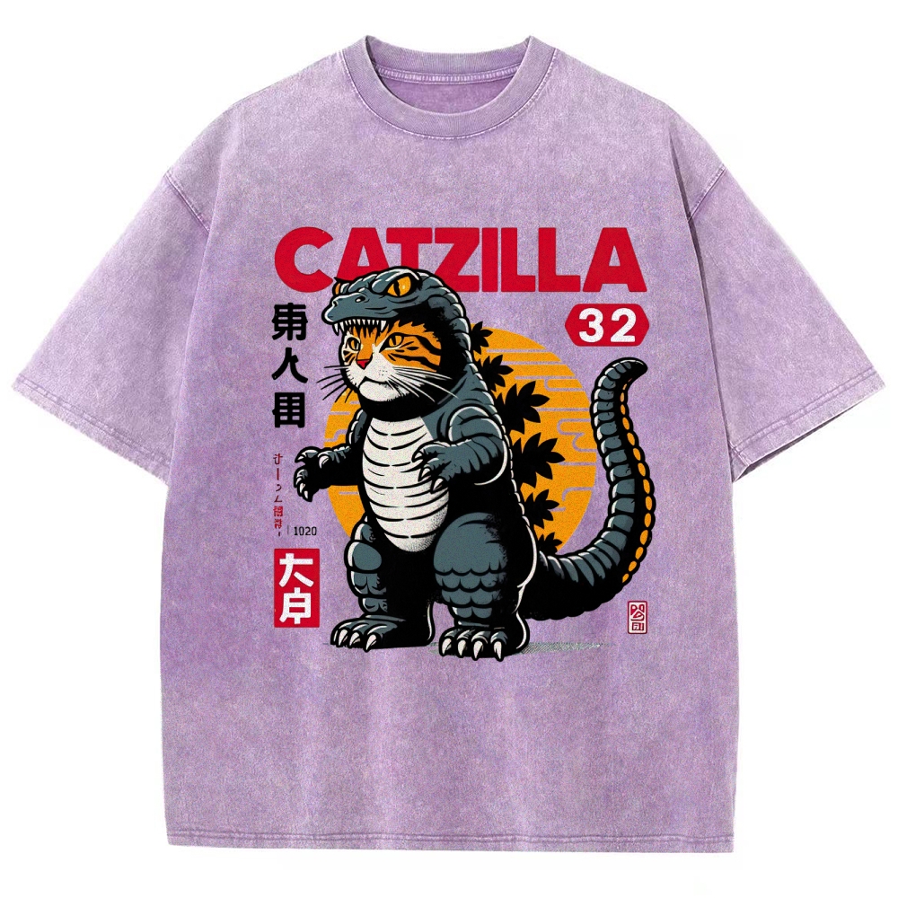 Retro "Catzilla" Kaiju-Cat Graphic Washed T-Shirt