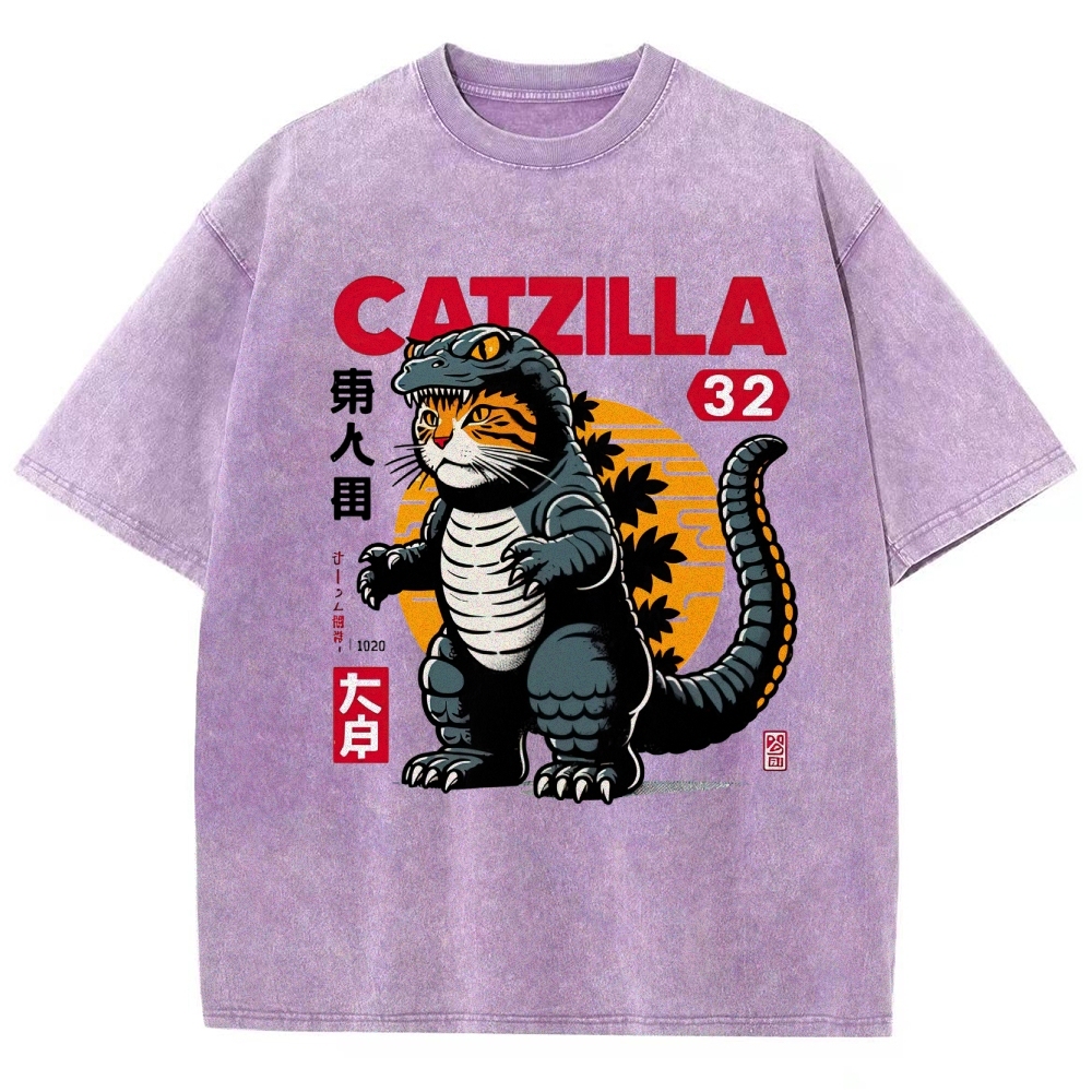 Retro "Catzilla" Kaiju-Cat Graphic Washed T-Shirt
