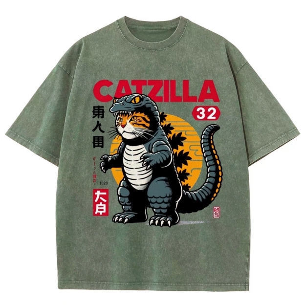 Retro "Catzilla" Kaiju-Cat Graphic Washed T-Shirt