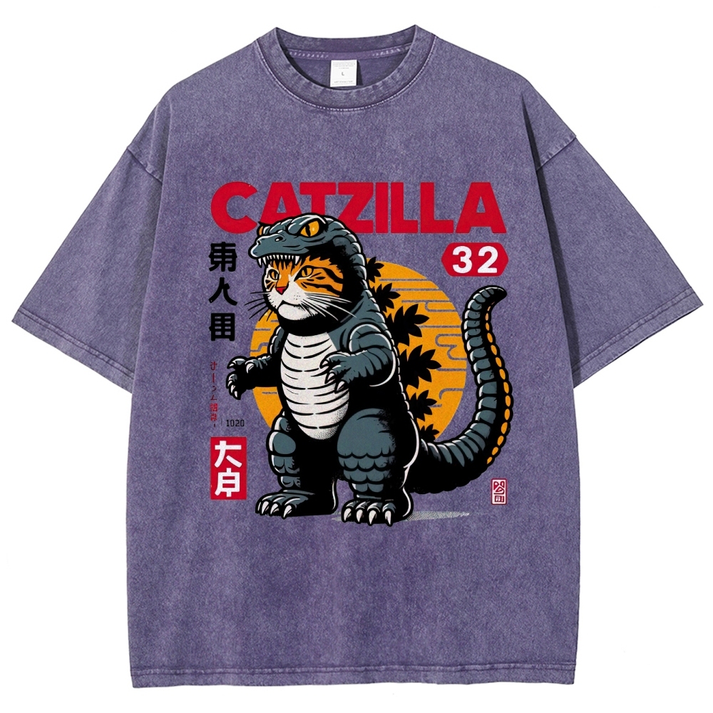 Retro "Catzilla" Kaiju-Cat Graphic Washed T-Shirt