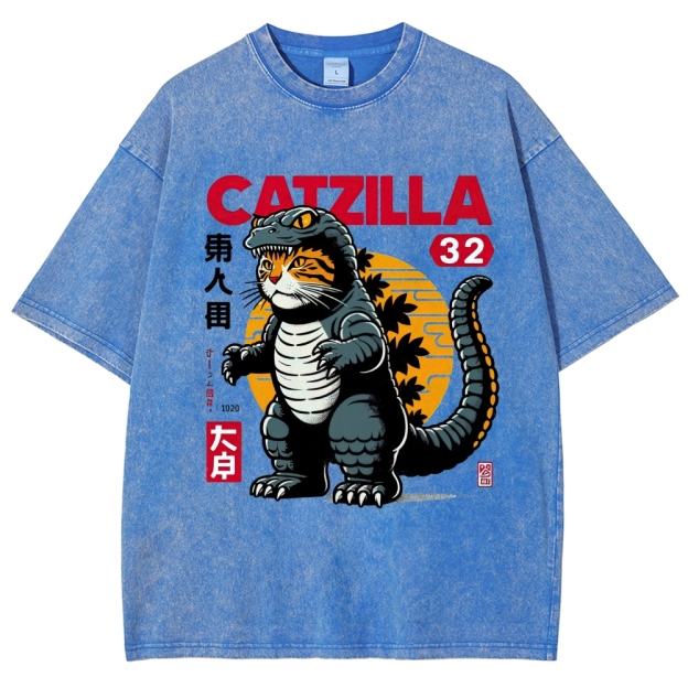 Retro "Catzilla" Kaiju-Cat Graphic Washed T-Shirt