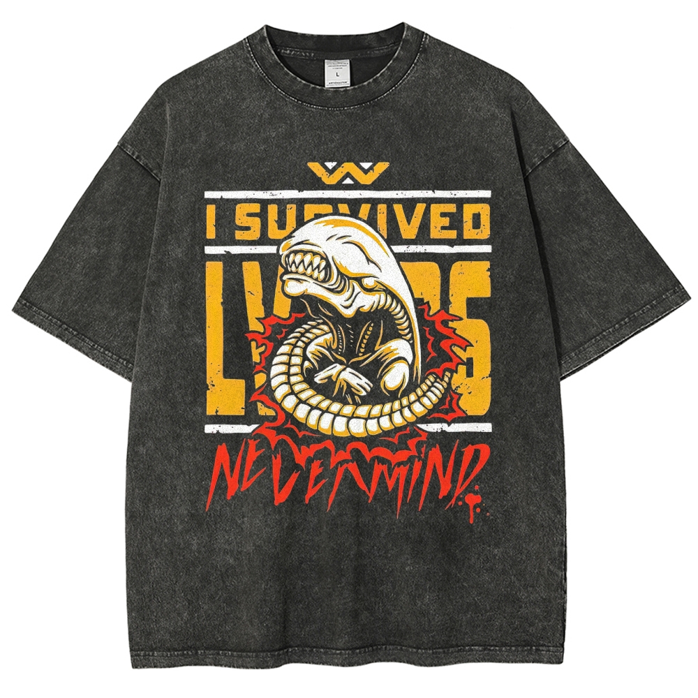Retro "I Survived Nevermind" Alien Creature Graphic Washed T-Shirt