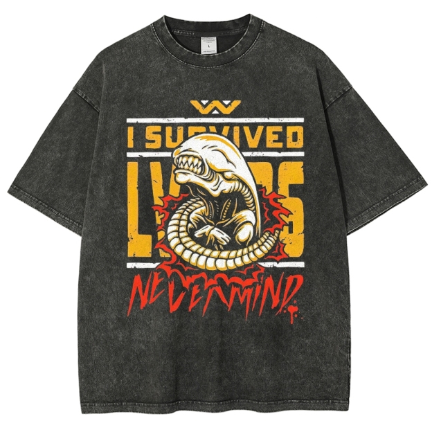 Retro "I Survived Nevermind" Alien Creature Graphic Washed T-Shirt