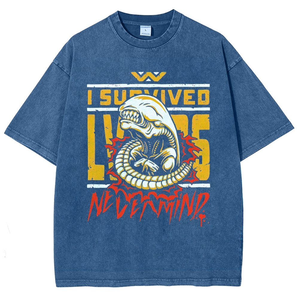 Retro "I Survived Nevermind" Alien Creature Graphic Washed T-Shirt