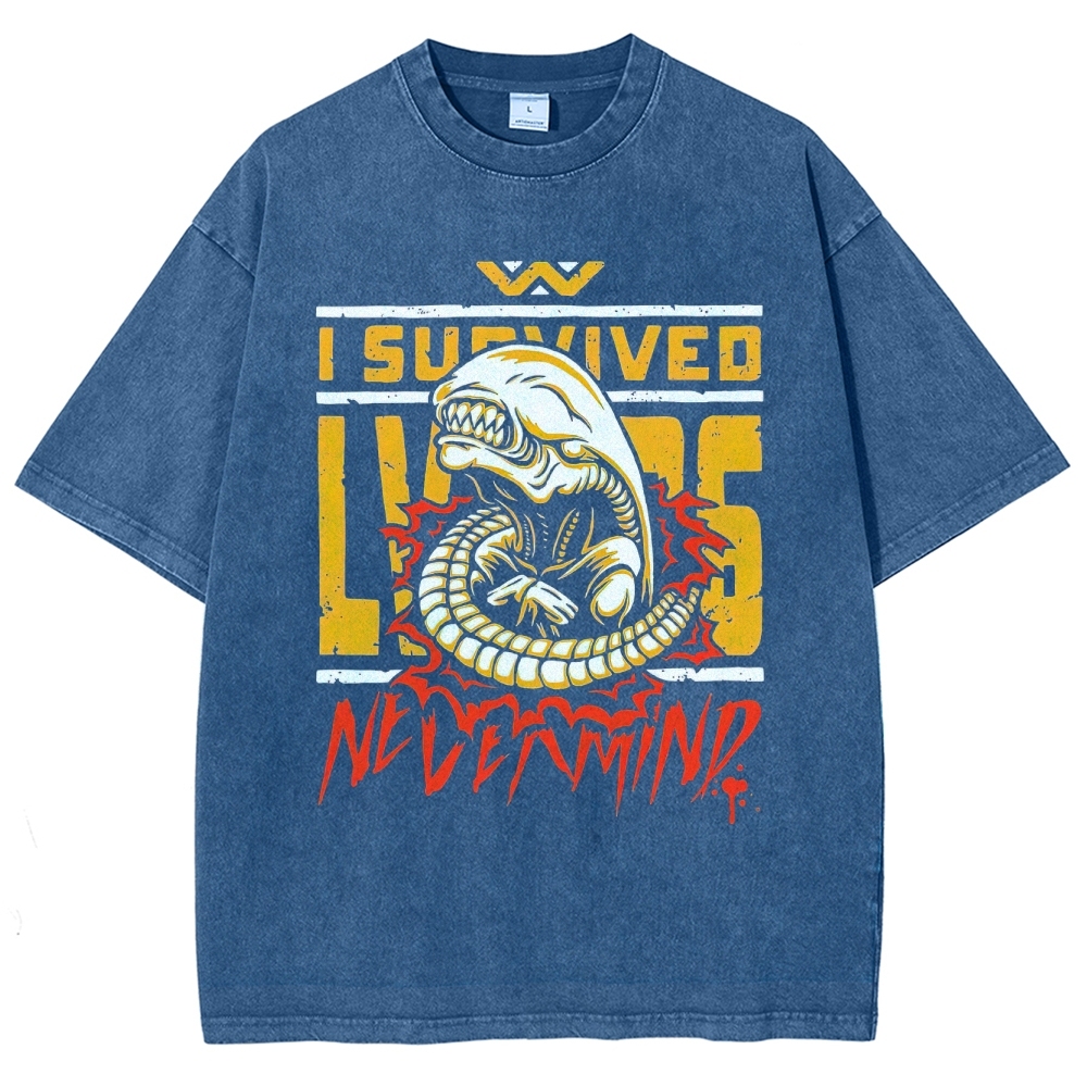 Retro "I Survived Nevermind" Alien Creature Graphic Washed T-Shirt