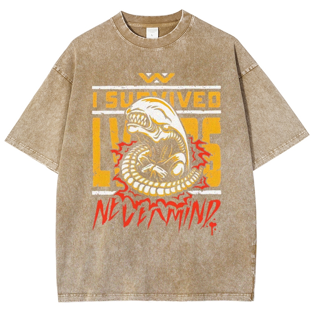Retro "I Survived Nevermind" Alien Creature Graphic Washed T-Shirt