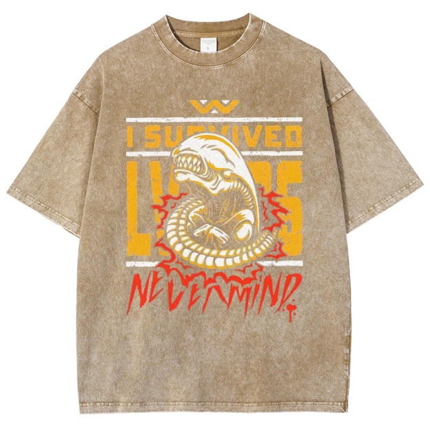 Retro "I Survived Nevermind" Alien Creature Graphic Washed T-Shirt