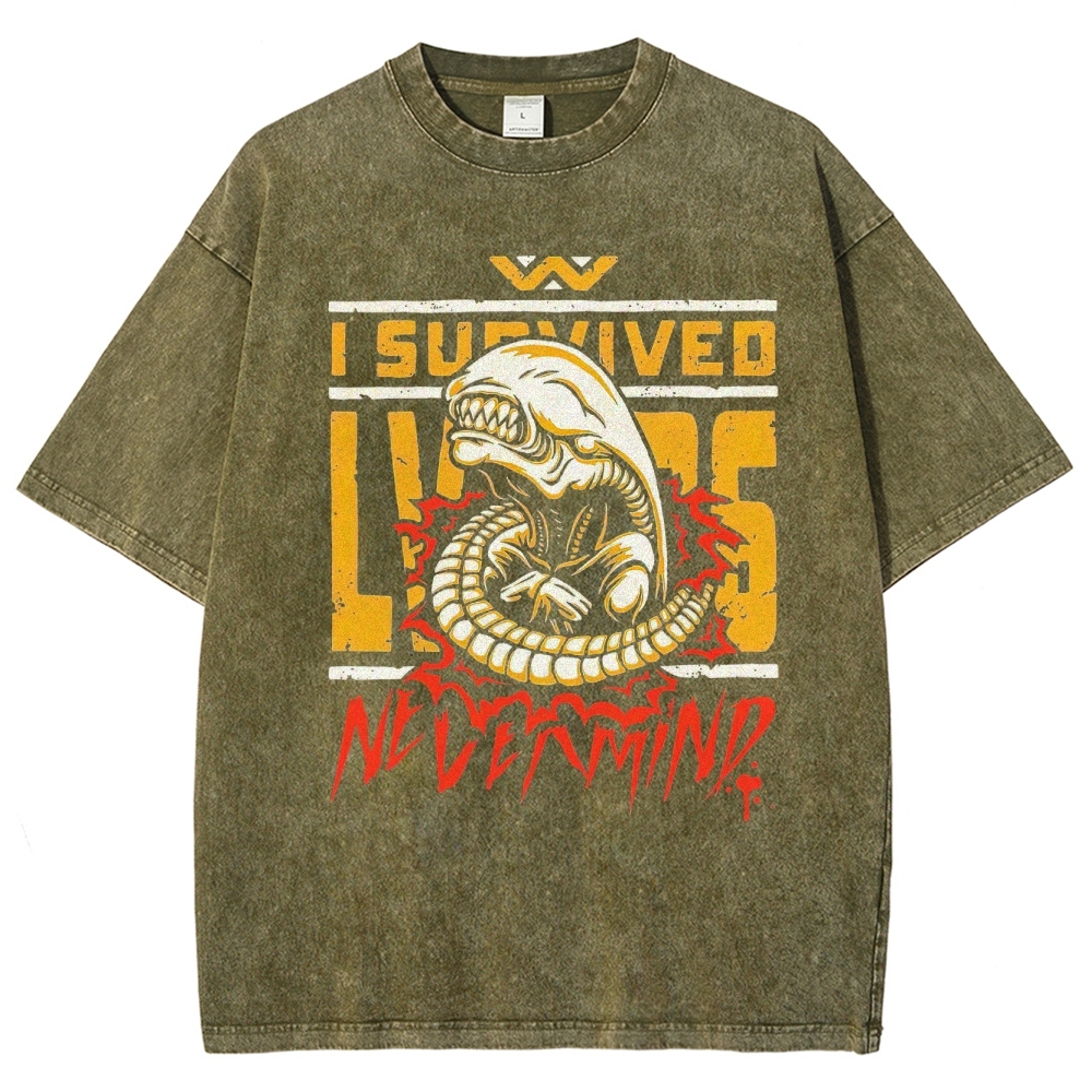 Retro "I Survived Nevermind" Alien Creature Graphic Washed T-Shirt