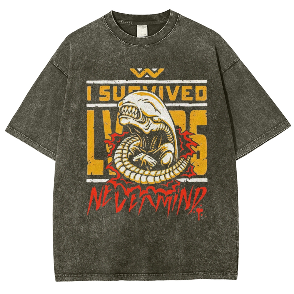 Retro "I Survived Nevermind" Alien Creature Graphic Washed T-Shirt