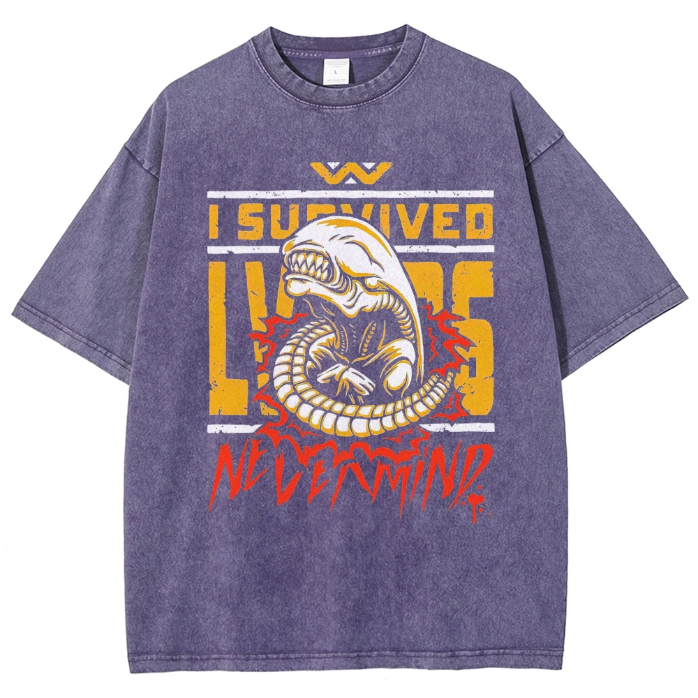 Retro "I Survived Nevermind" Alien Creature Graphic Washed T-Shirt