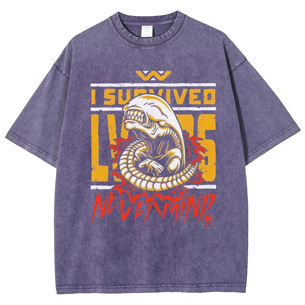 Retro "I Survived Nevermind" Alien Creature Graphic Washed T-Shirt