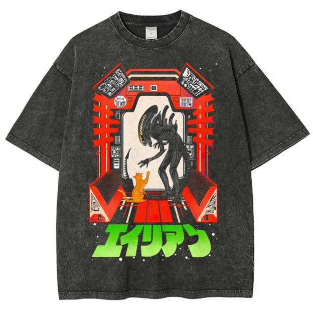 Retro "Alien & Cat" Sci-Fi Anime-Style Graphic Washed T-Shirt